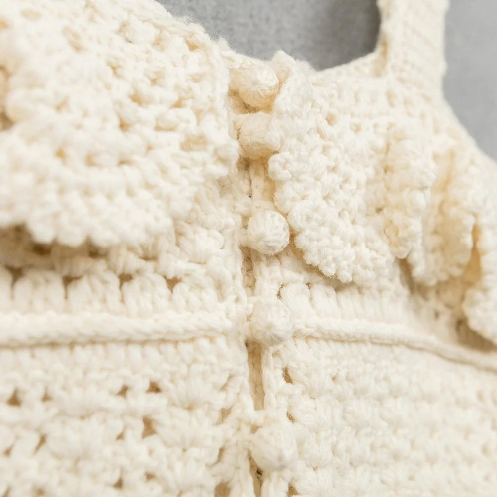 SEA NEW YORK Crochet Ruffle Button Back Wool Tank Top Coquette Festival Cream S